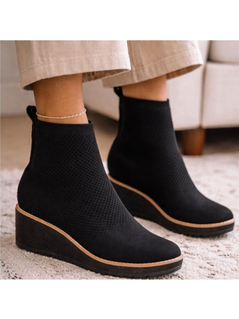 Eileen Fisher London Recycled Stretch Knit Wedge Ankle Booties Black